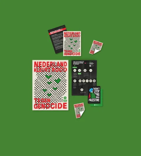 Poster 'Nederland kleurt rood tegen genocide', sticker en gesprekstips
