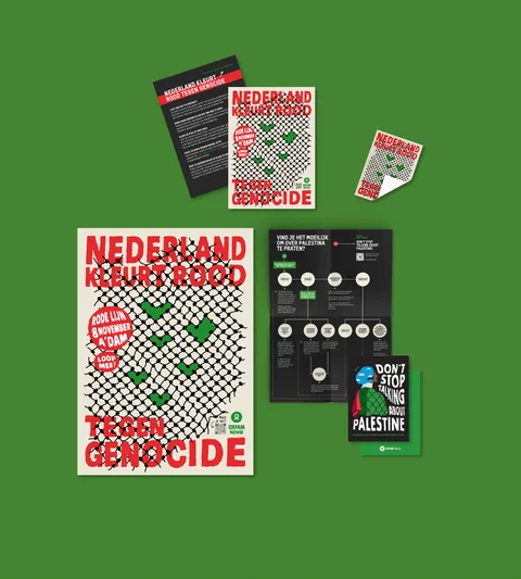 Poster 'Nederland kleurt rood tegen genocide', sticker en gesprekstips