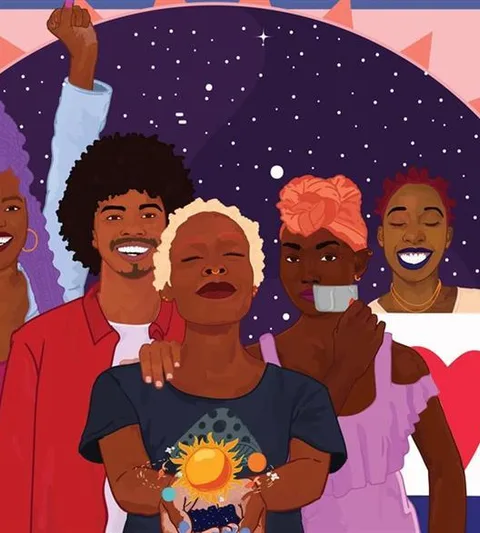 Tekening van Afrikaanse mensen voor een blauwe zon.