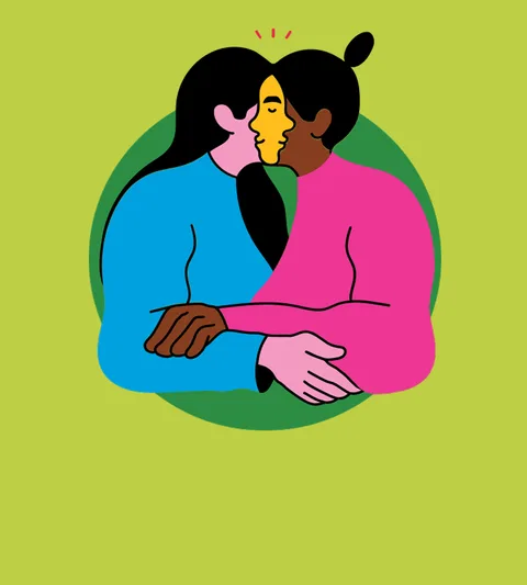 Illustratie van twee personen die elkaar omhelzen tegen een groene achtergrond.