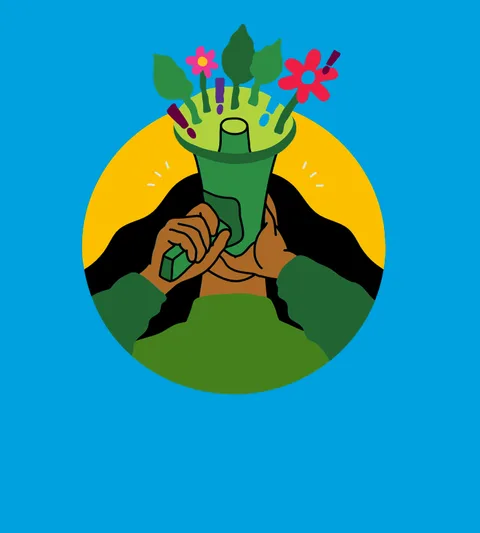 Illustratie van een vrouw met een megafoon waar planten en bloemen uit komen.