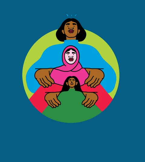 Illustratie van drie jonge vrouwen die achter elkaar staan en elkaar vasthouden.