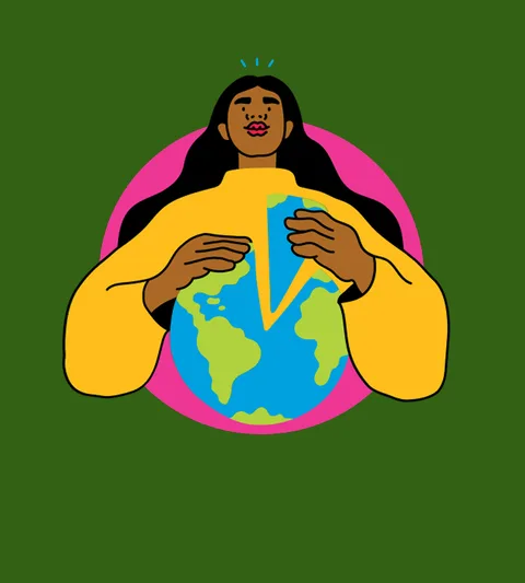 Illustratie van een vrouw die een 'taartpunt' uit de aardbol neemt, omdat iedereen recht heeft op een eerlijk deel.