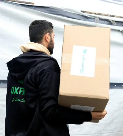 Staff members from the Atfaluna Society for Deaf Children are distributing menstrual hygiene kits to girls in the public schools turned to shelters now in Deir Al Balah/ Southern Gaza Strip.