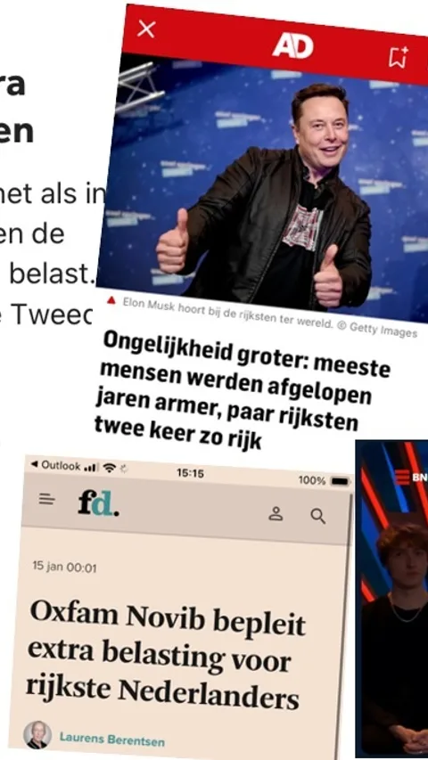 Collage van nieuwsberichten over toename van extreem rijke mensen en dat Oxfam pleit voor extra belasting voor hen.