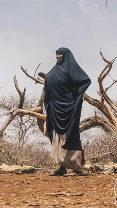 Diyaara uit Kenia lijdt onder de droogte. Om haar heen staan verdorde takken.