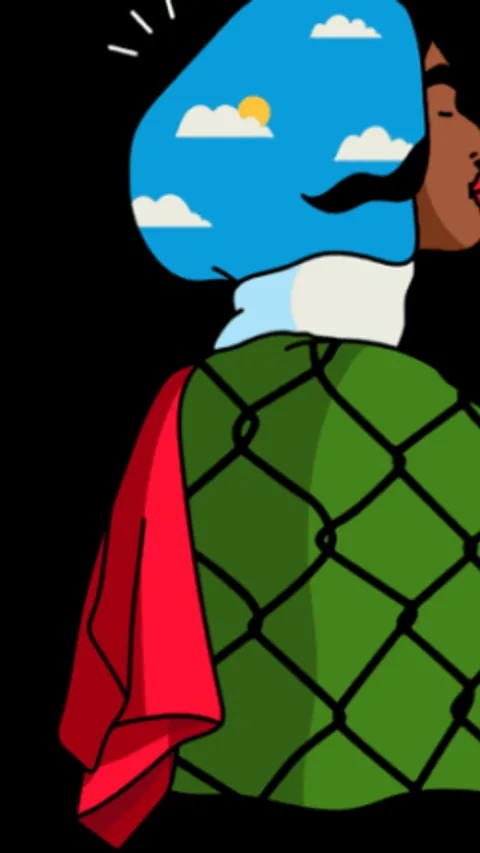 Illustratie van een vrouw gekleed in de kleuren van de vlag van Palestina: rood, groen en wit.