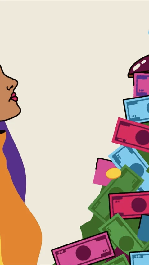 Een groep mensen kijkt op tegen een berg geld waarop 1 persoon staat van wie je alleen de schoenen ziet