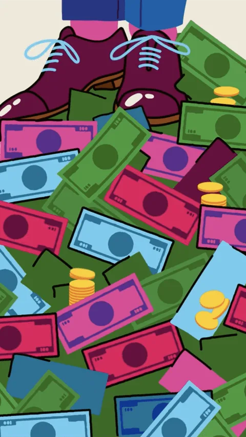 Een groep mensen kijkt op tegen een berg geld waarop 1 persoon staat van wie je alleen de schoenen ziet