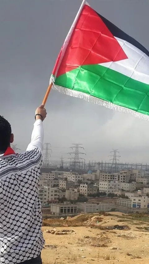 Iemand zwaait met een Palestijnse vlag.