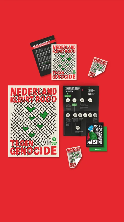 Poster 'Nederland kleurt rood tegen genocide', sticker en gesprekstips