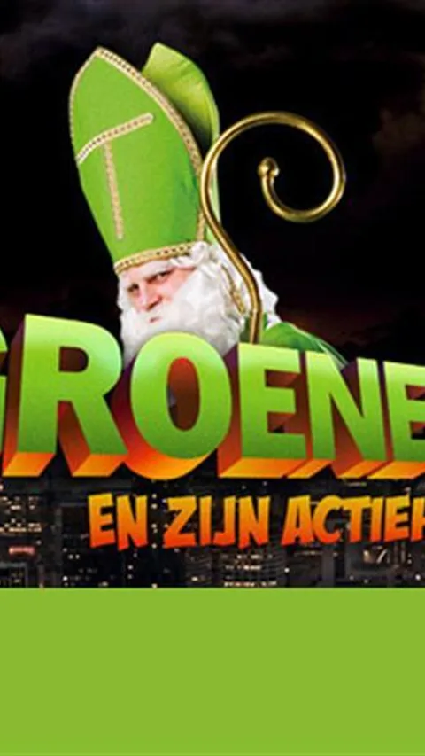 Sinterklaas met groene mijter. Erbij de tekst: De groene Sint en zijn actiehelden. 100.000 actiehelden strijden tegen oneerlijke chocolade.