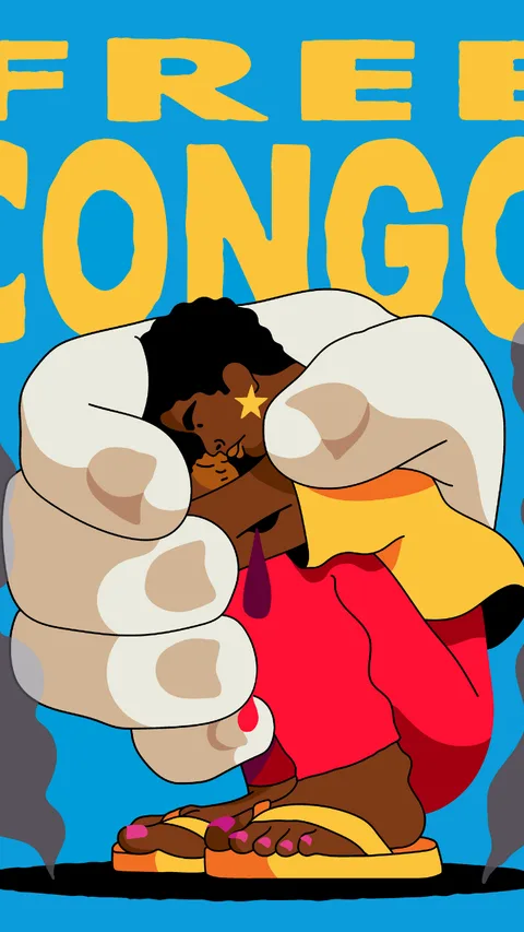 Illustratie van een Congolese vrouw en baby die letterlijk en figuurlijk worden uitgebuit door een witte hand.