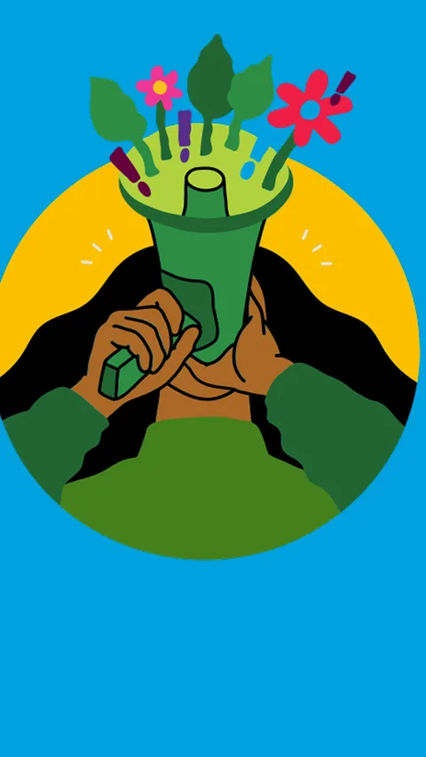 Illustratie van een vrouw met een megafoon waar planten en bloemen uit komen.