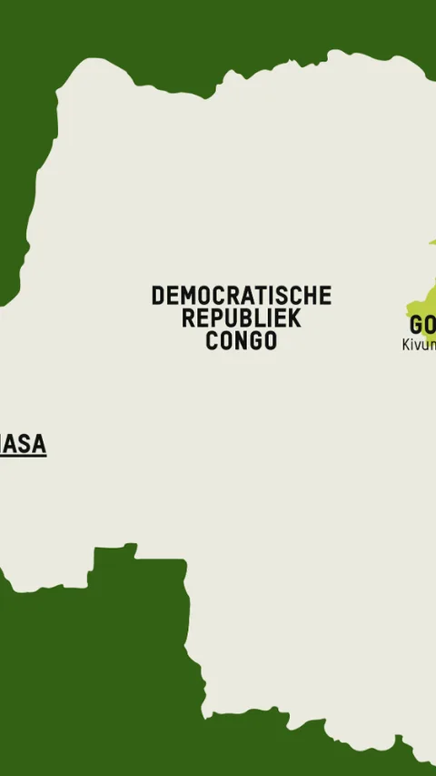 Kaart van de Democratische Republiek Congo en het conflictgebied in het oosten van het land.