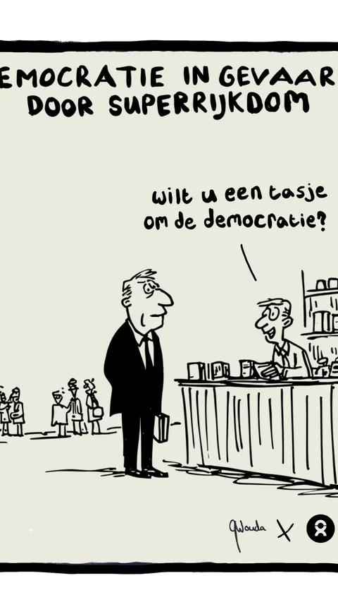 Davos cartoon democratie in gevaar door miljardairs